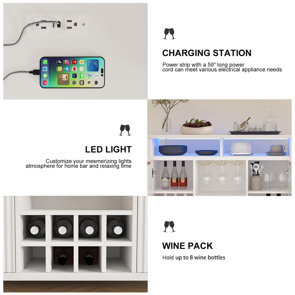 Fluted Home Bar Wine Cabinet with LED Light, Charging Station, Wine Rack - Buffet Cabinet with Storage, Coffee Bar Table, Stylish Fluted Credenza Cabinet for Modern Home Kitchen 47.2" White Svimi