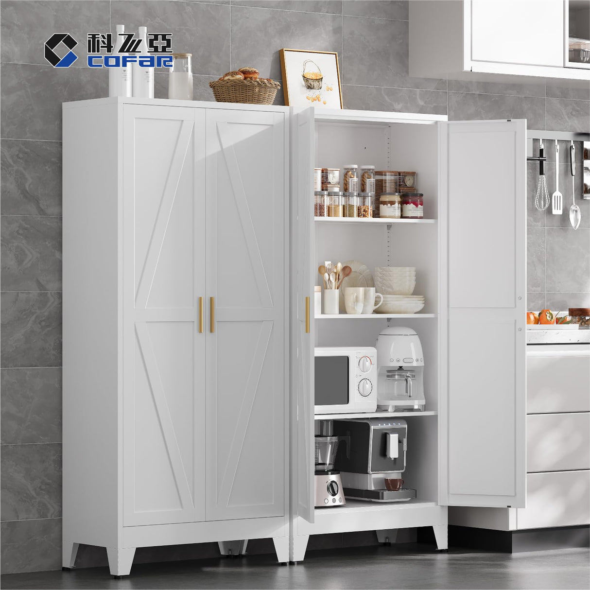 COFaR Metal Storage Cabinet, 61 in Tall Metal Cabinet with 3 Adjustable Shelves and Barn Doors, Farmhouse Accent Cupboard for Garage Kitchen Pantry Office Laundry, White 4 Tiers COFaR