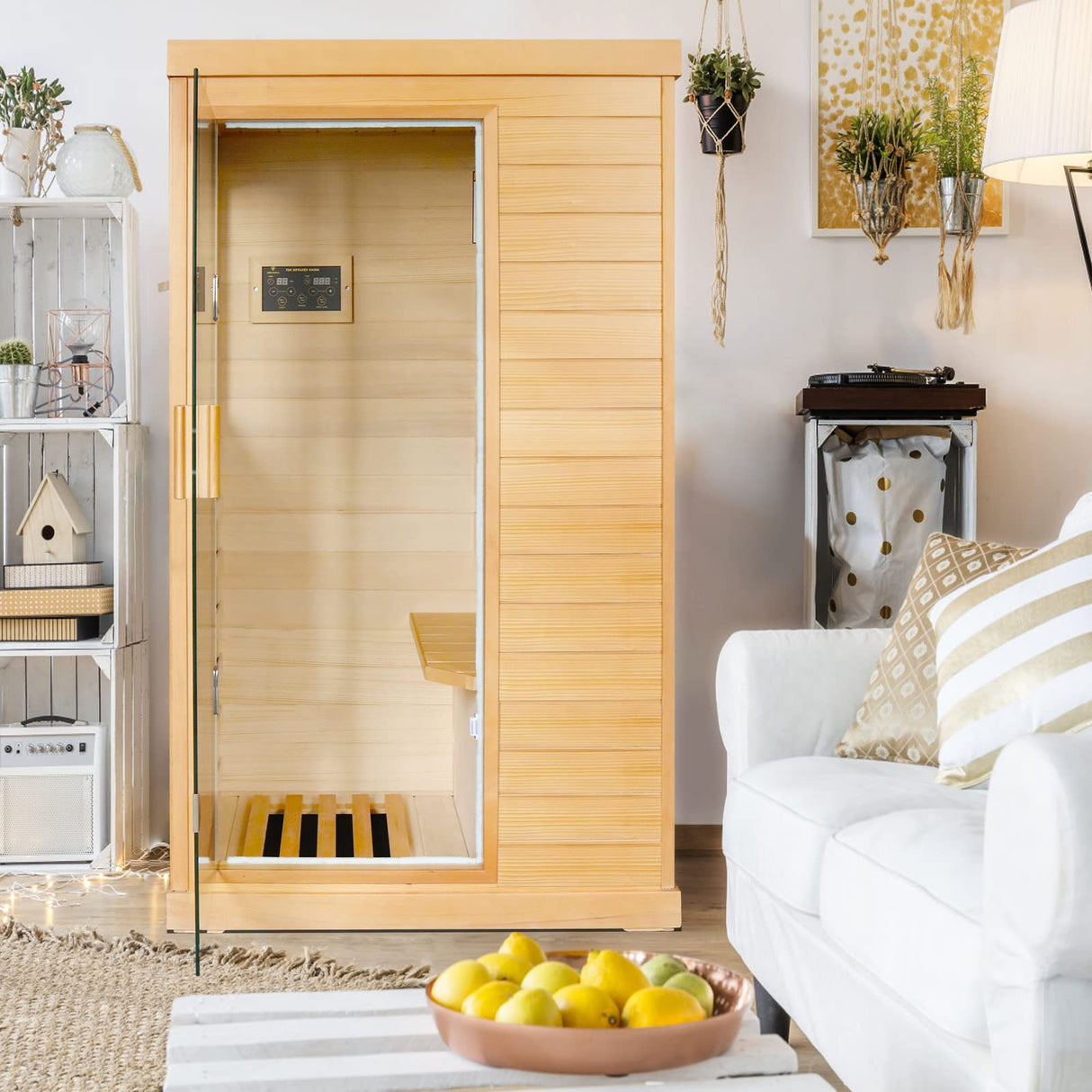 OUTEXER Far Infrared Sauna Home Sauna Spa Room Low-EMF Canadian Hemlock Wood 800W Indoor Saunas with Control Panel and Tempered Glass Door, Room:35.2 * 27.6 * 61.6Inch OUTEXER