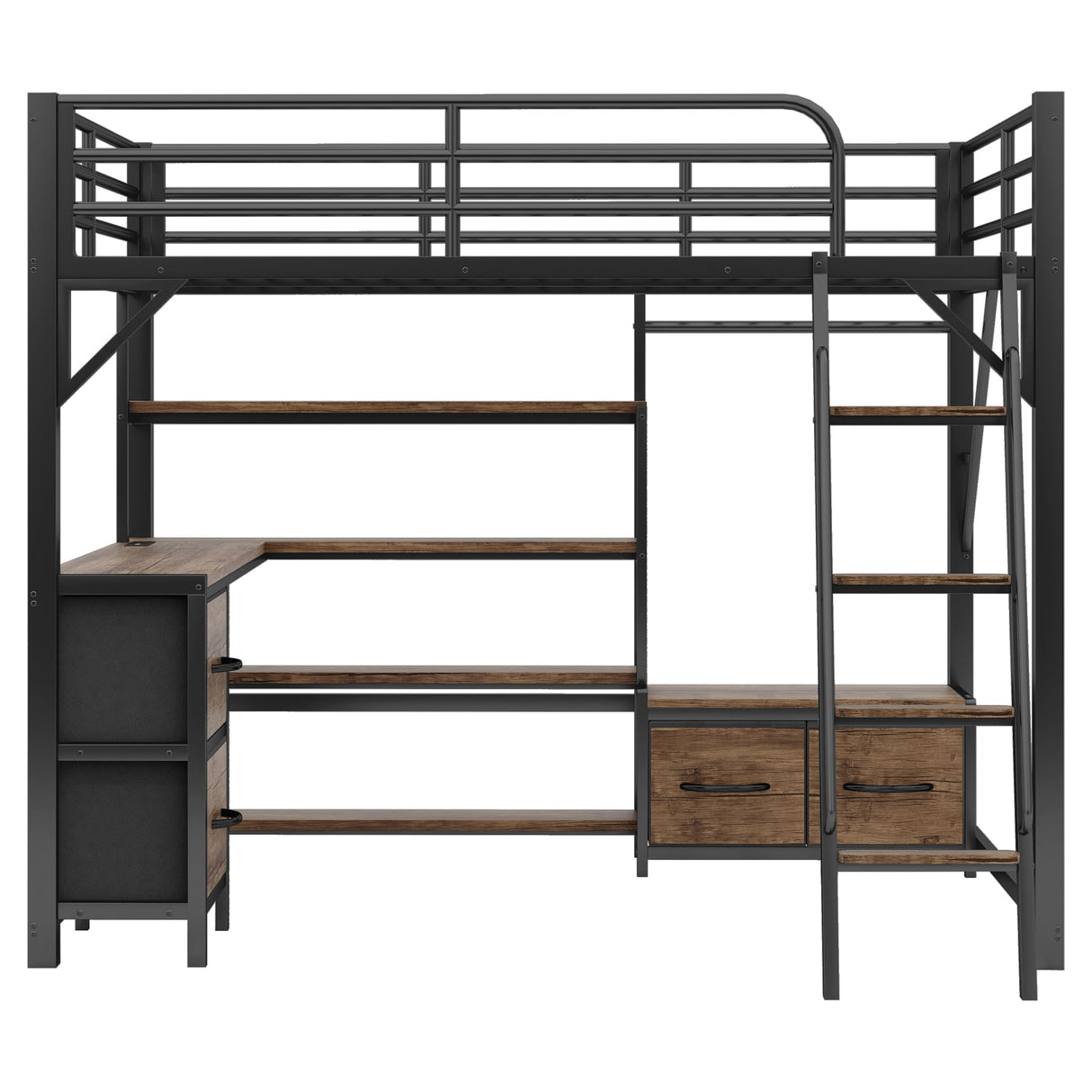 Loft Bed Queen Size with Desk and Charging Station, Metal Loft Beds Frame with LED Lights, Bookcase & 4 Fabric Storage Drawers & Bench, Adults Loft Beds with Wardrobe -Safety Guard & Ladder, Black Mirightone