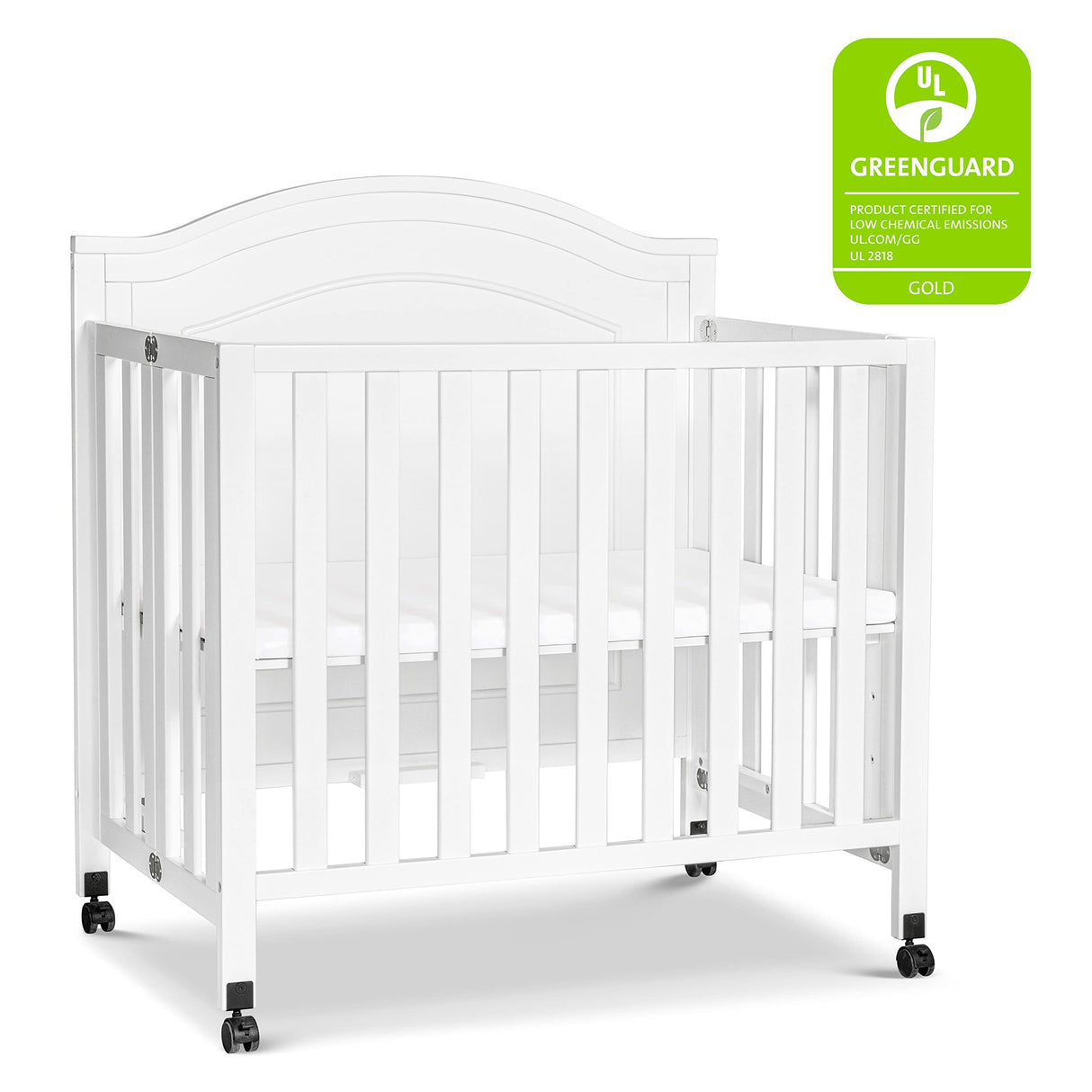 DaVinci Charlie Folding Portable 3-in-1 Convertible Mini Crib and Twin Bed in White, Removable Wheels, Greenguard Gold Certified DaVinci