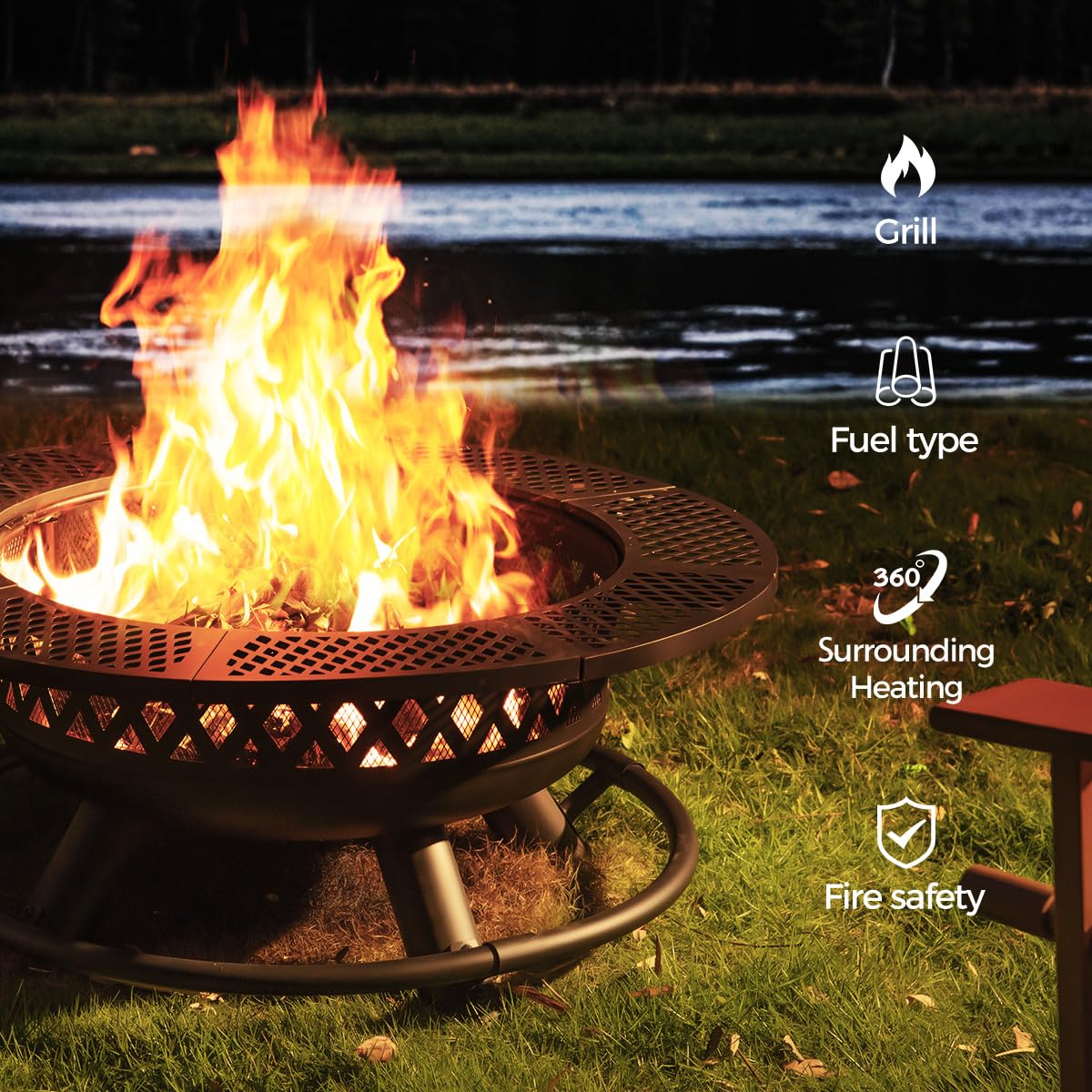 Panovue 42 Inch Outdoor Fire Pit with Grill, Large Firepit Table for Outside, Metal Round Firepits with Lid&Fire Poker,3 in 1 Wood Burning Fire Pits & Outdoor Fireplaces for Backyard,Patio(Black) Panovue