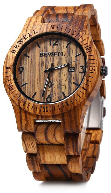 BEWELL ZS-W086B Mens Wooden Watch Analog Quartz Movement Date Display Lightweight Wood Wrist Watch (Zebra Wood) BEWELL