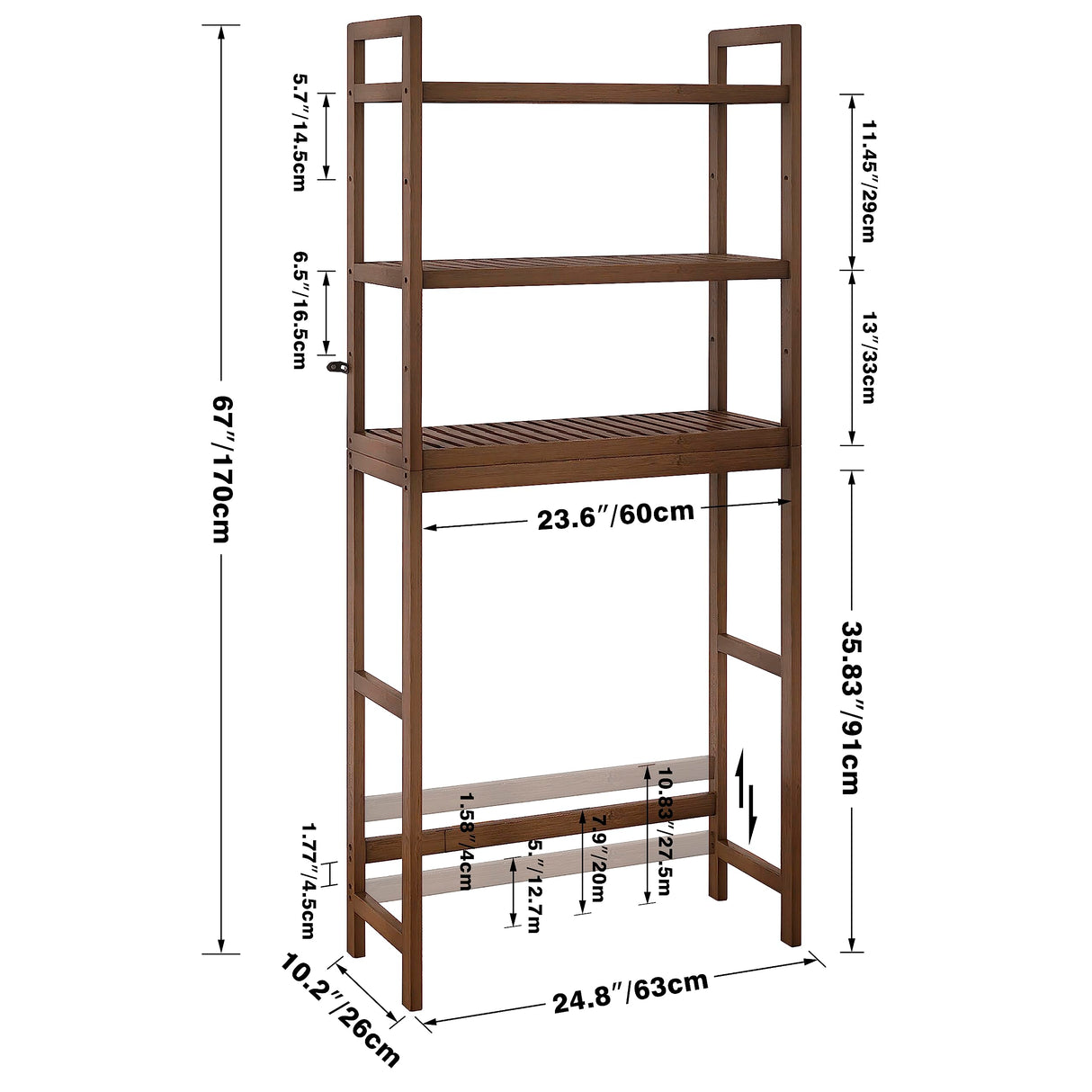 Bamboo Over-The-Toilet Organizer Rack with 3 Adjustable Shelves - SMIBUY Space Saver in Walnut SMIBUY