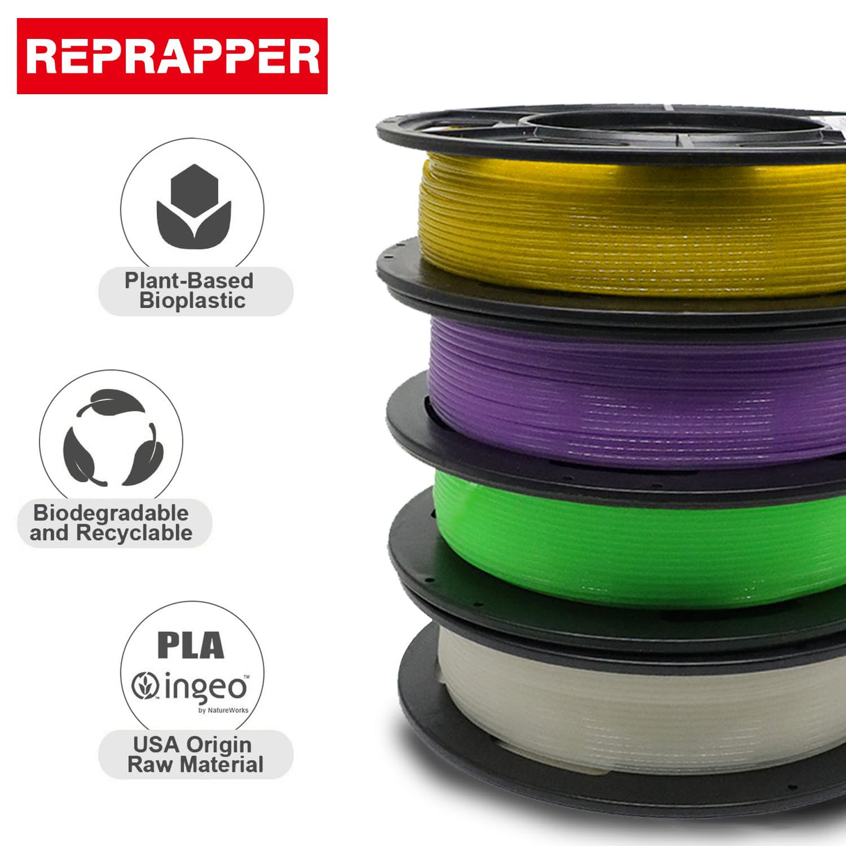 RepRapper 4 x 250g Glow Colors Pack, Glow in The Dark PLA Filament 1.75mm (+- 0.03mm) for 3D Printer, 4x250g Spools - Yellow, Purple, Green, White to Rainbow RepRapper