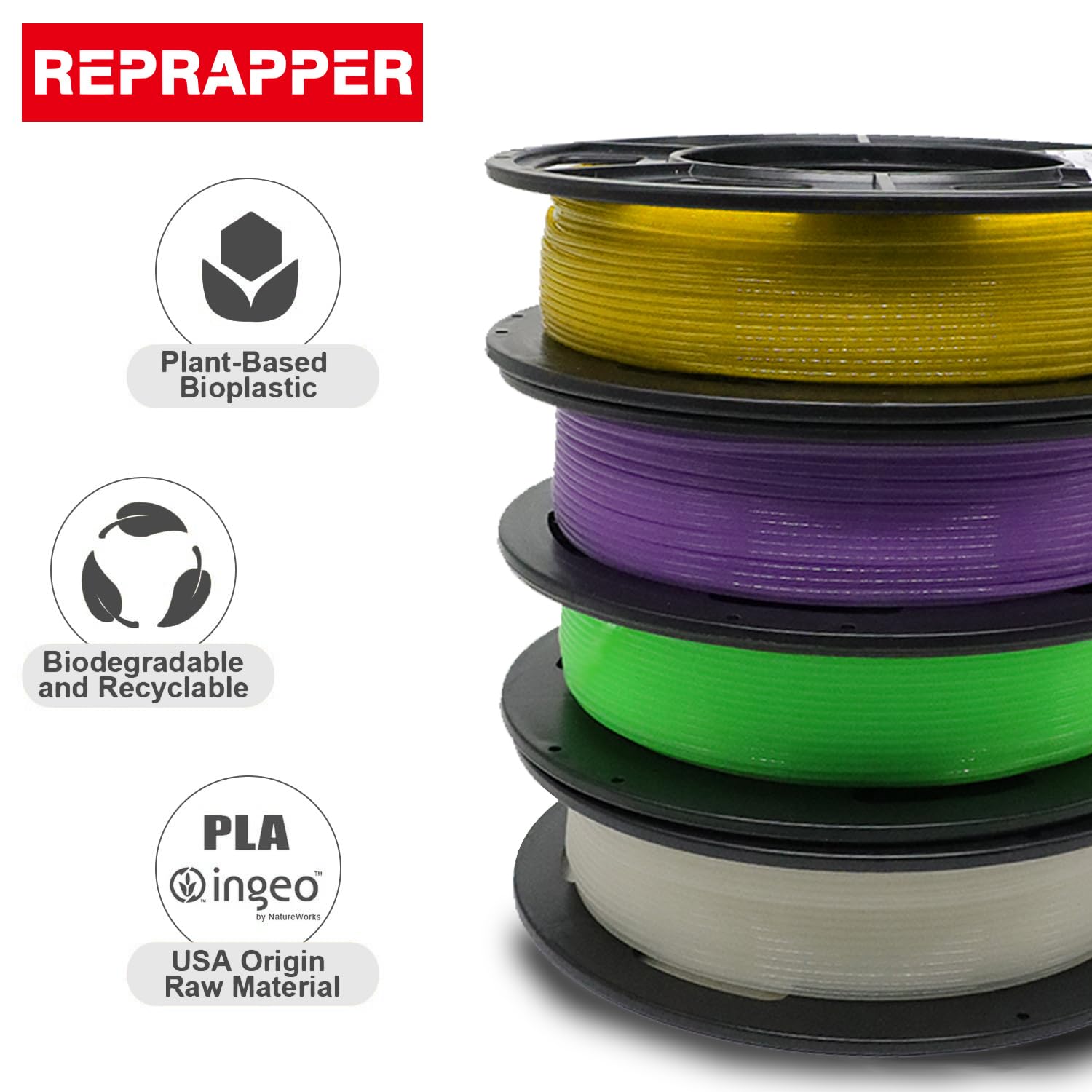 RepRapper 4 x 250g Glow Colors Pack, Glow in The Dark PLA Filament 1.75mm (+- 0.03mm) for 3D Printer, 4x250g Spools - Yellow, Purple, Green, White to Rainbow - WoodArtSupply