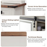 T4TREAM Farmhouse Makeup Vanity Desk with Sliding Mirror and Lights, 31.2'' Glass Tabletop White Vanity Table with 2 Drawers & Shelves, Rustic Vanity Set for Bedroom, Stool Included, Antique White T4TREAM