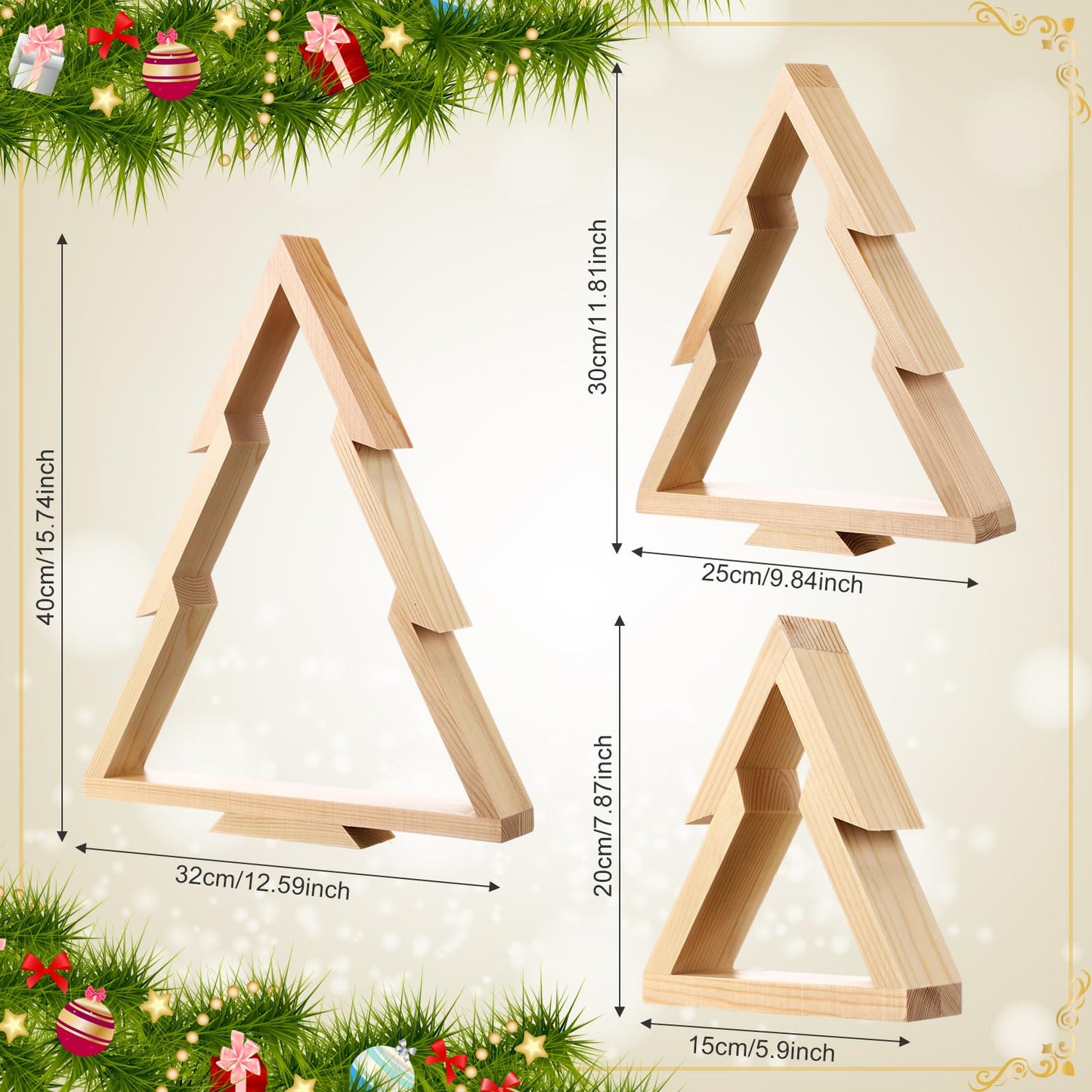 Cinnvoice 3 PCS Wooden Christmas Tree Tabletop Centerpieces Decor Christmas Natural Wood Frame Tiered Tray Mantle Shelf Wooden Cut out Standing Decoration Xmas Farmhouse Rustic Countryside(Tree)