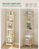 Hzuaneri Ladder Shelf, Bookshelf Bookcase, Freestanding Corner Storage Shelve with 2 Hooks for Home Office, Living Room, Kitchen, Bedroom, Industrial, 11.8" D x 13.4" W x 63" H, White Gold BC03213G Hzuaneri