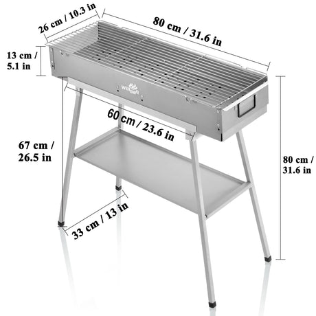 WILLBBQ Commercial Quality Portable Charcoal Grills Multiple Size Hibachi BBQ Lamb Skewer Folded Camping Barbecue Grill for Garden Backyard Party Picnic Travel Outdoor Cooking Use(31.6x10.3x5.1 inch) WILLBBQ