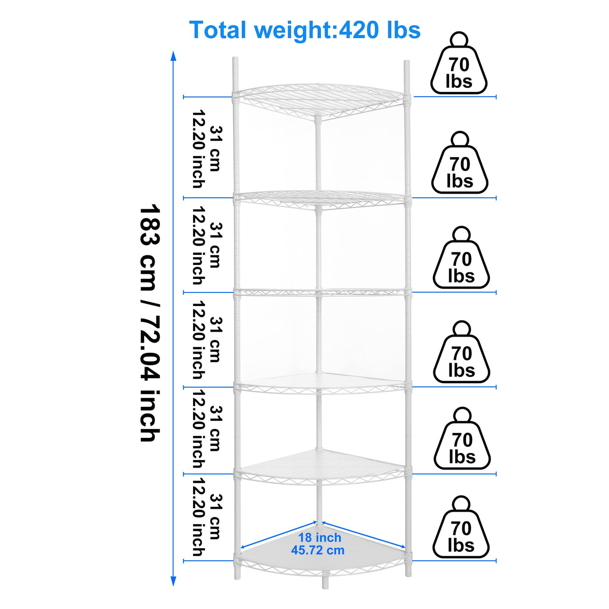 6 Tier NSF Metal Corner Shelf Wire Shelving Unit, 420lbs Capacity Heavy Duty Adjustable Storage Rack with Shelf Liners for Closet Kitchen Bathroom Garage Basement, 72" H x 18" L x 18" D - White pouseayar