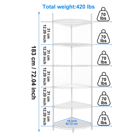 6 Tier NSF Metal Corner Shelf Wire Shelving Unit, 420lbs Capacity Heavy Duty Adjustable Storage Rack with Shelf Liners for Closet Kitchen Bathroom Garage Basement, 72" H x 18" L x 18" D - White pouseayar
