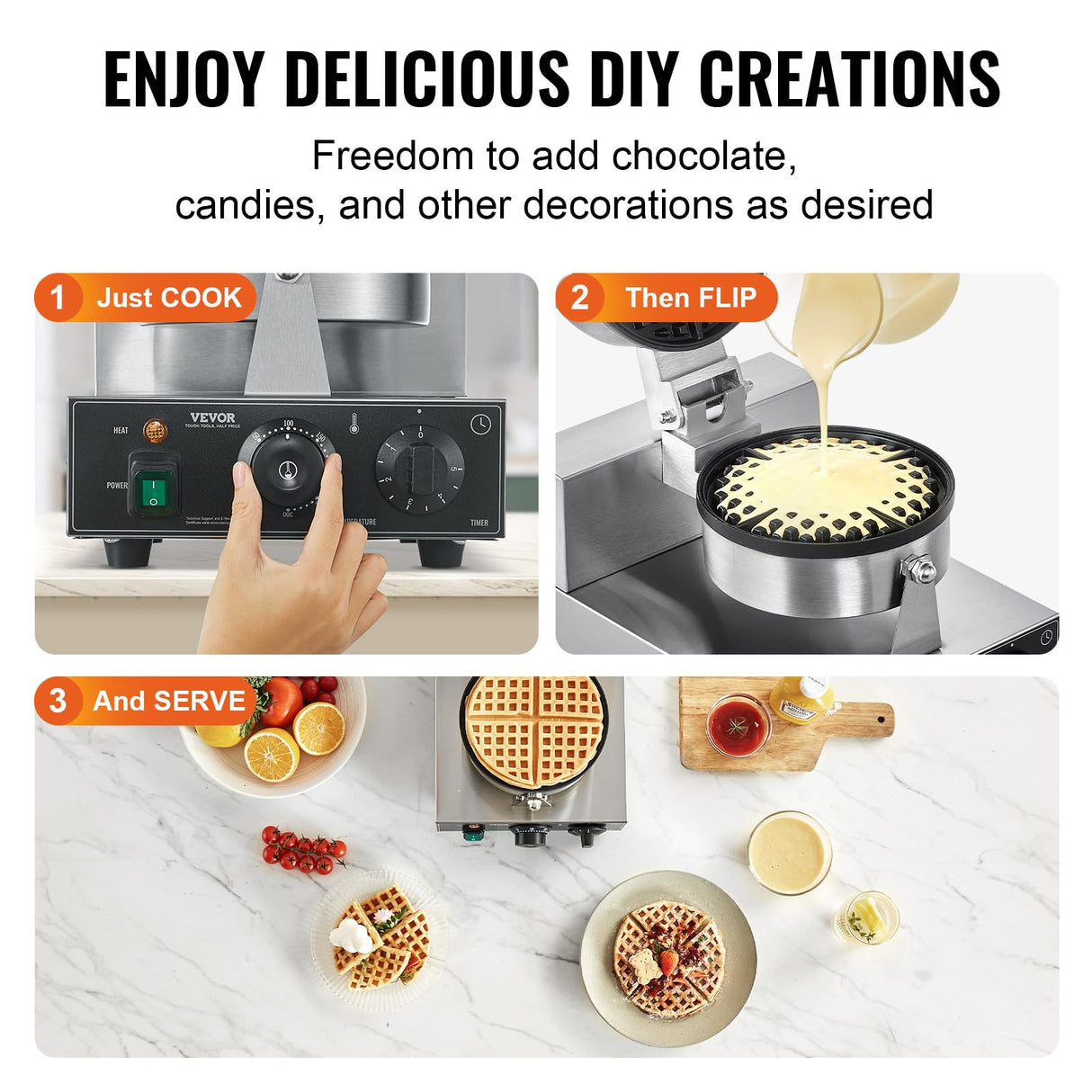 VEVOR Commercial Waffle Maker, 1230W Round Waffle Baker Machine, Non-Stick Stainless Steel Belgian Waffle Iron with Temperature and Time Control, Handle, for Restaurant Bakery Snack Bar Family VEVOR