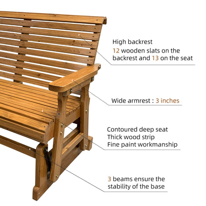 Wooden Patio Glider with High Roll Back and Deep Contoured Seat, Solid Fir Wood, 2-Seater, Heavy Duty 800 LBS, 4 Feet, Brown - WoodArtSupply