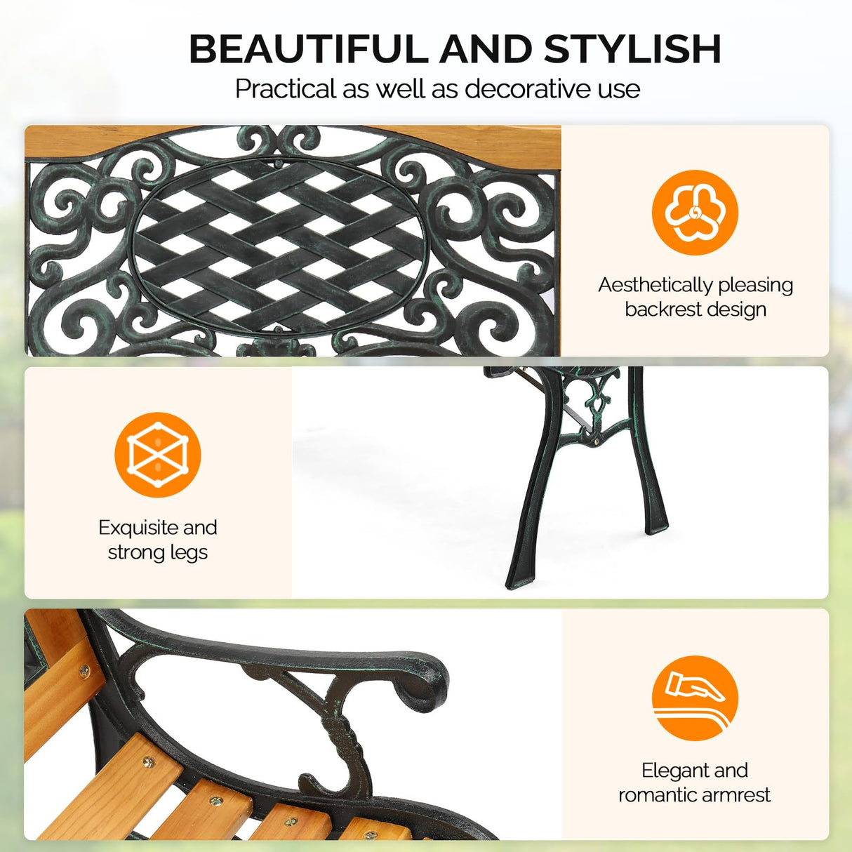 VINGLI Outdoor Bench Metal Garden Bench Front Porch Bench, Wood Patio Bench w/PVC Backrest Cast Iron Love Seat Park Benches (Arched Back) VINGLI