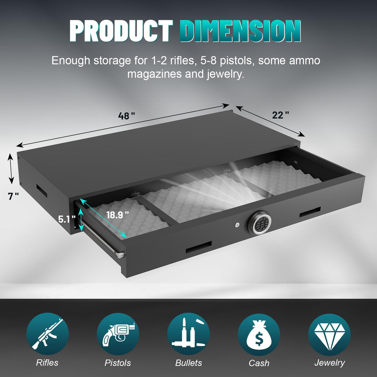 Eltean Under Bed Gun Safe for Rifles and Pistols, Gun Storage Safe Drawer,Rifle Safe with Upgraded Digital Panel, Shotgun Cabinet with LED Lights, Quick Access Eltean