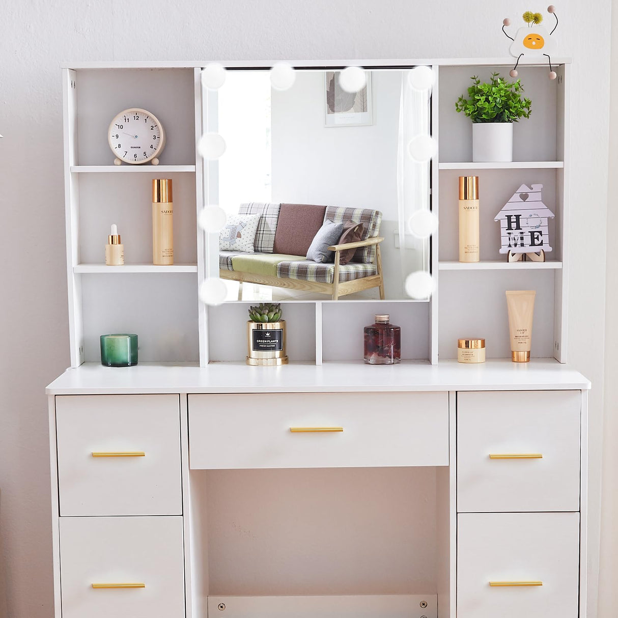 Caulitar 39" Vanity Desk with Mirror and Lights, White Vanity Table with 7 Drawers & 9 Storage Shelves, Hollywood Lighted Mirror with10 Dimmable Blubs, Makeup Table Vanity for Teen Girls Women H3240 Caulitar