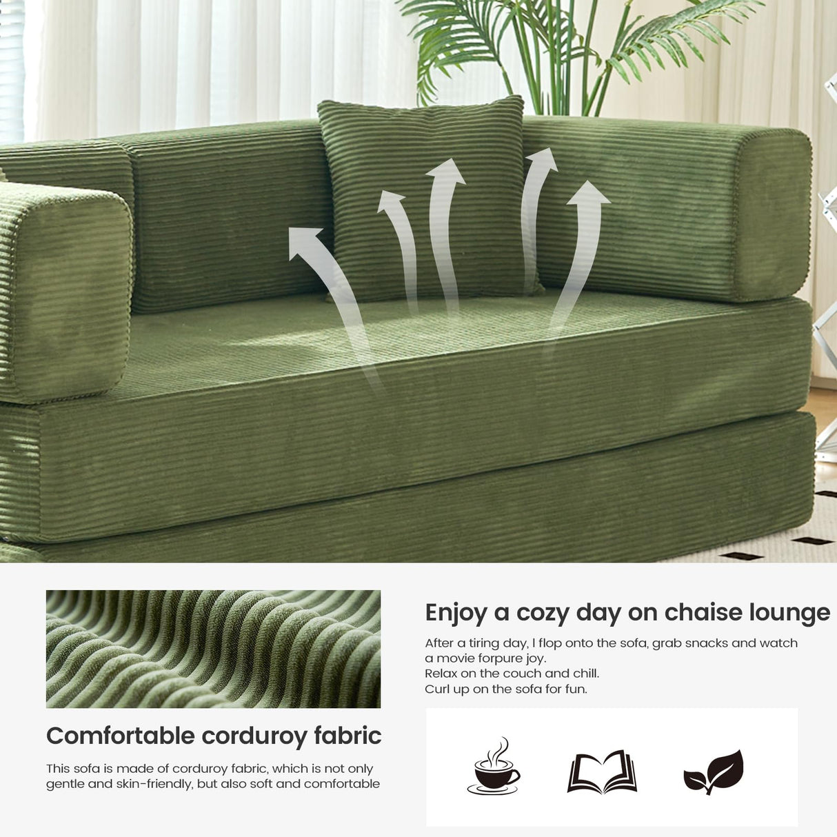 GEARIVY Folding Sofa Bed Convertable Corduroy Couch King Size Floor Sleeper 4-in-1 DIY Combination Modular Sofa Fold Out Futon Lounge Comfy Foldable Lazy cama for Living Room (Green, 70.86") GEARIVY