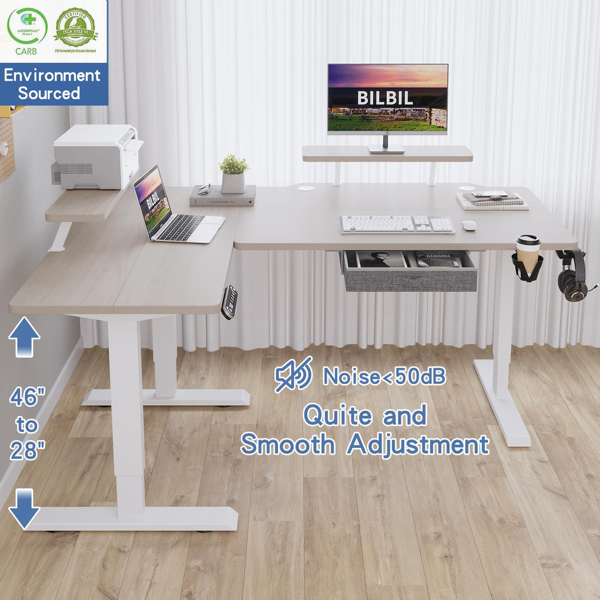bilbil L Shaped Electric Standing Desk with Drawer, 62x47 Inches Adjustable Height Sit Stand Up Desk with Storage Shelf, Pale Pearwood Top/White Frame bilbil