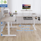 bilbil L Shaped Electric Standing Desk with Drawer, 62x47 Inches Adjustable Height Sit Stand Up Desk with Storage Shelf, Pale Pearwood Top/White Frame bilbil