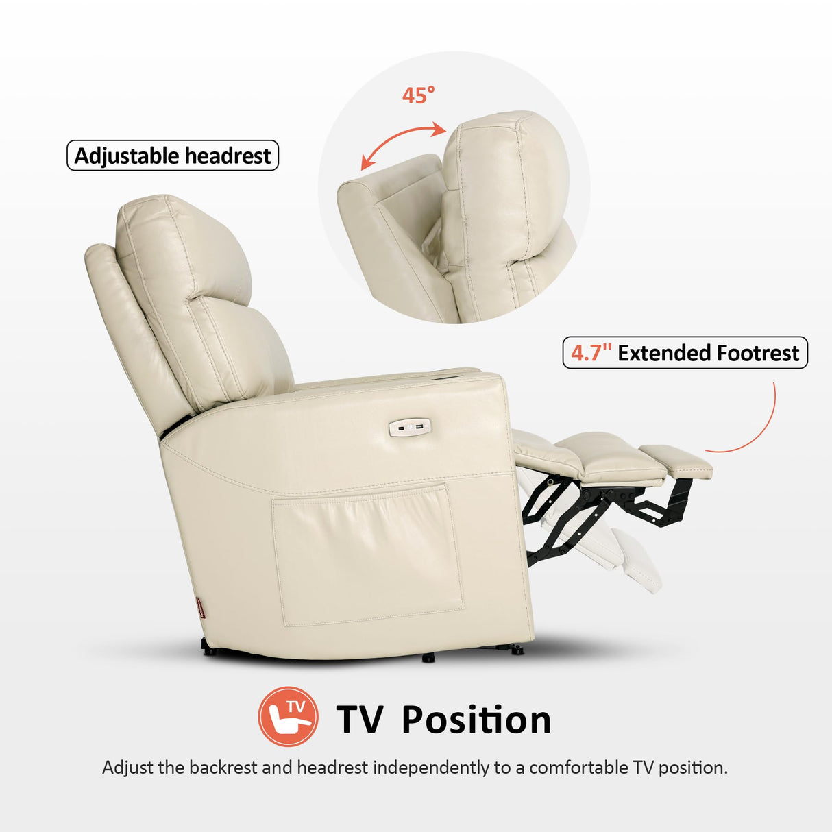MCombo Triple Motor Oversized Lay Flat Power Lift Recliner Chair with Infinite Position, for 380lbs and Heights 5'7''-6'6" Big and Tall People, Adjustable headrest, Faux Leather R7177 (Cream White) MCombo