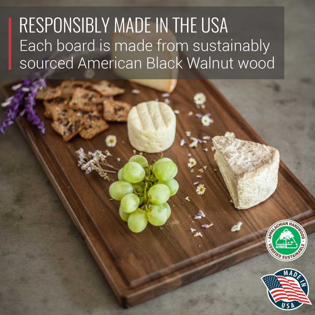 Made in USA Black Walnut Wood Cutting Board by Virginia Boys Kitchens - Butcher Block Wooden Carving Board with Juice Well made from Sustainable - WoodArtSupply