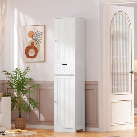 Iwell Tall Bathroom Cabinet, Storage Cabinet with 2 Doors & 1 Drawer, Freestanding Linen Cabinet with Adjustable Shelves, Floor Cabinet for Bathroom, Living Room, Home Office, White Iwell