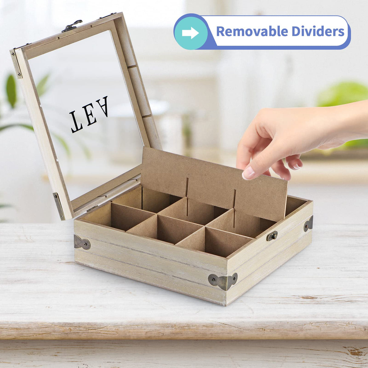 MOLIGOU Wood Tea Box Organizer, Tea Storage Chest with Glass Lid, 9 Compartments, Tea Bag Holder for Cabinet, Pantry MOLIGOU