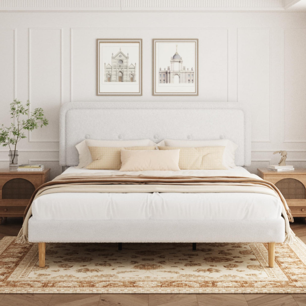 viplov King Size Boucle Bed Frame, Upholstered Platform Bed Frame with Adjustable Headboard, Anti-Collision Soft Rounded Corners, No Box Spring Needed, Easy Assembly, Noise Free, White viplov