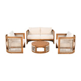 VilroCaz 4-Piece Patio Conversation Set, All Weather Sectional Sofa Set w/ 2 Chairs, Loveseat & Table Premium, Acacia Wood Outdoor Furniture Set with Woven Rope Accents and Cushions (Teak+Beige) VilroCaz