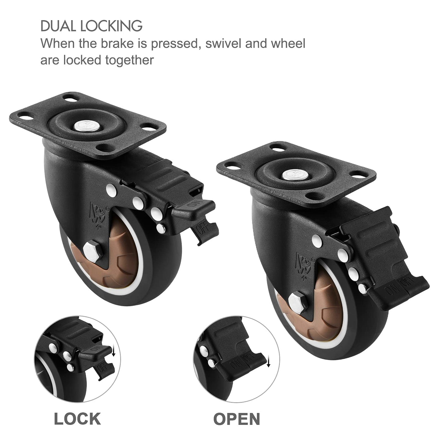 4 inch Caster Wheels Set of 4, Industrial Heavy Duty Swivel Casters with Dual Brake No Noise Locking Plate Casters with Thermoplastic Rubber Load 1200Lbs for Cart Furniture Black Brown