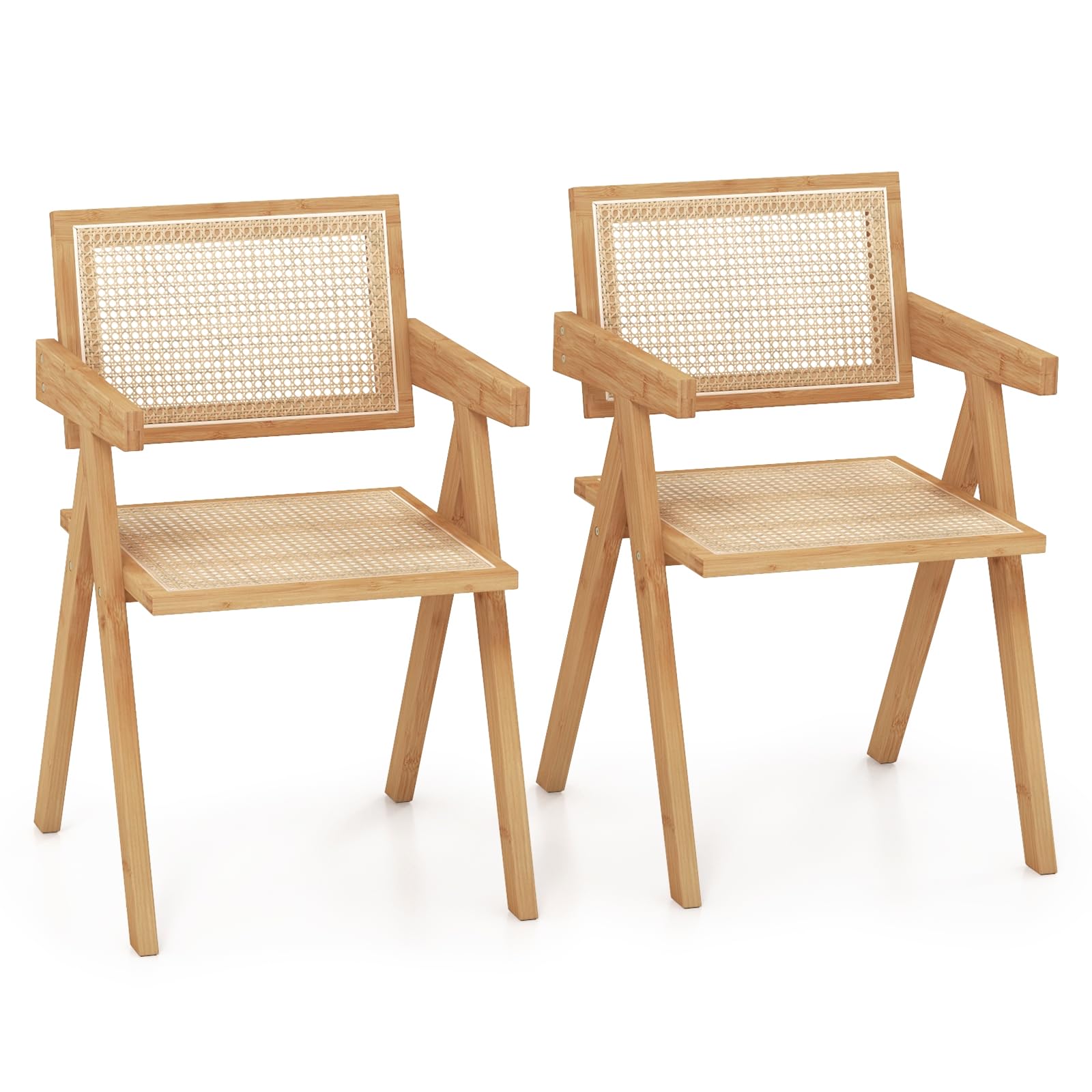 Giantex Rattan Dining Chair Set of 2, Boho Cane Living Room Chairs, Max Load 330 Lbs, Wooden Dining Chairs, Bamboo Accent Armchair for Living Room, Dining Room - WoodArtSupply