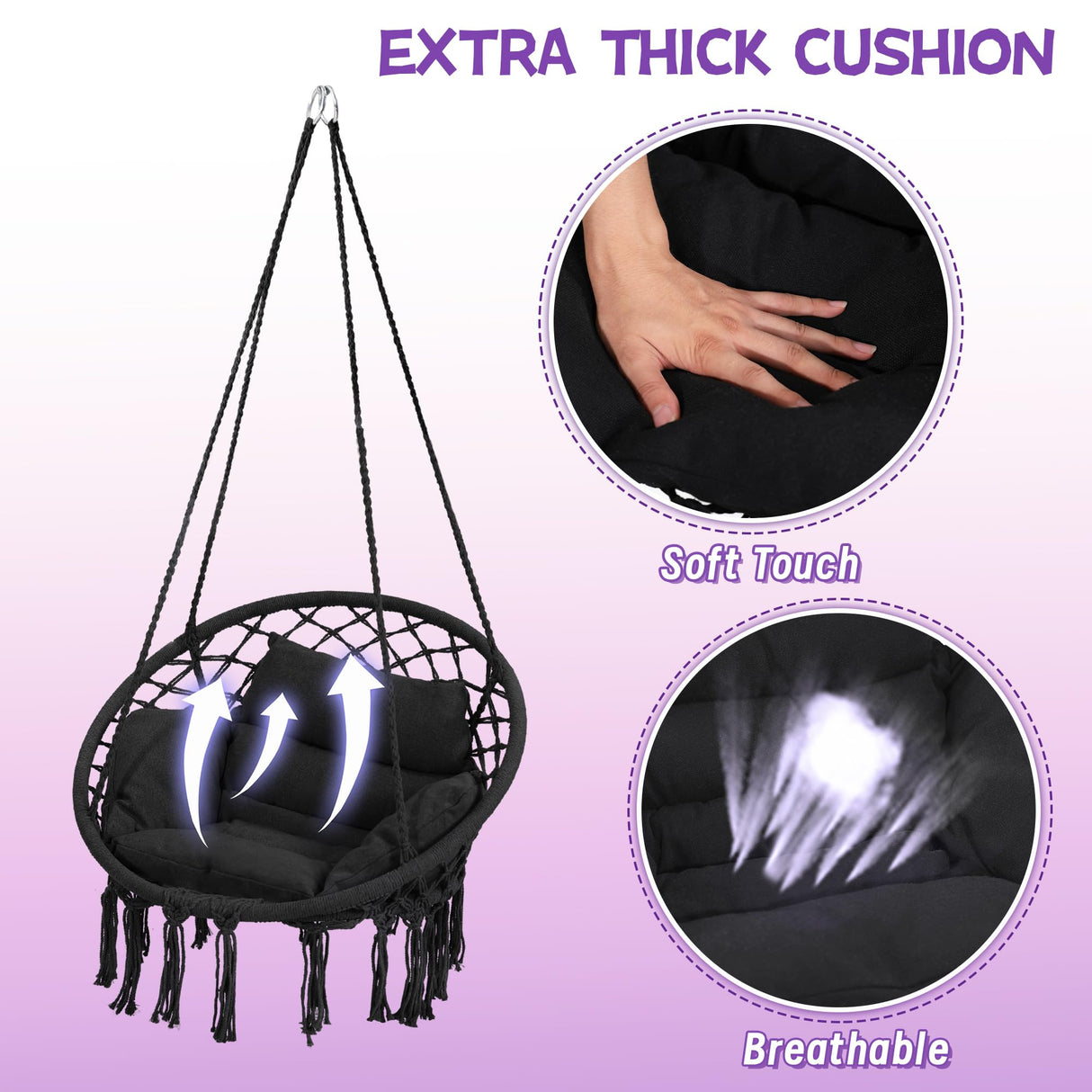 KROFEM Macrame Hammock Hanging Swinging Chair with Medium Cushion, Perfect for Bedroom, Porch, Adults, Balcony, Black KROFEM