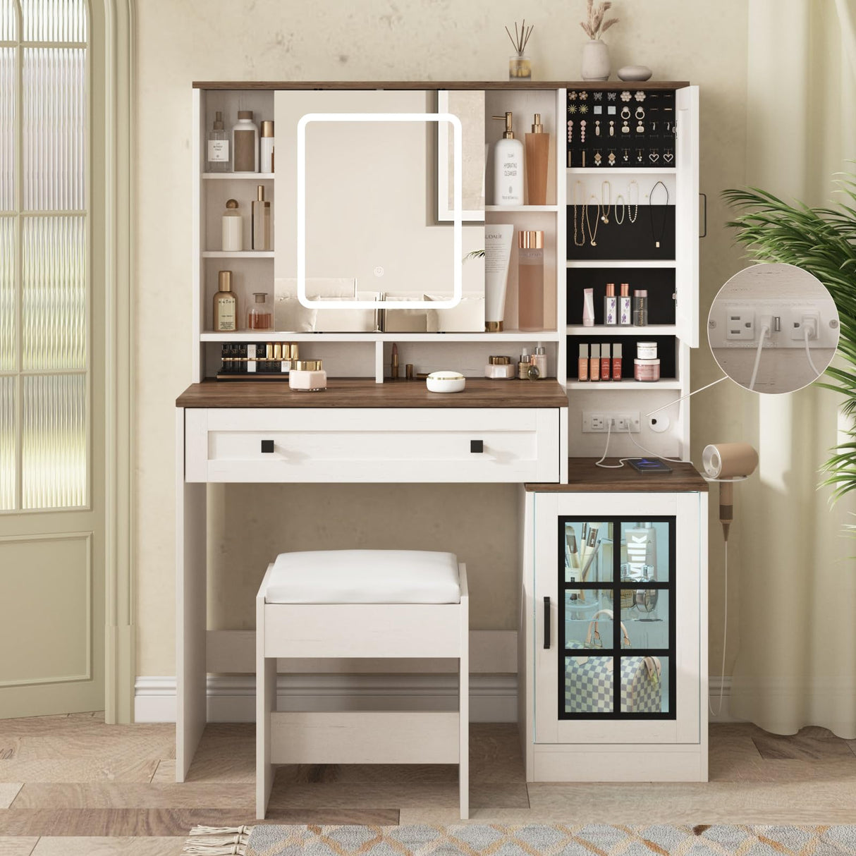 Vabches Makeup Vanity Desk with Sliding Mirror, 41.8'' White Farmhouse Vanity Table with Stool, Jewelry Cabinet & Charging Station, Large Drawer, Visual Cabinet, 3 Lighting Modes, Adjustable Shelves Vabches