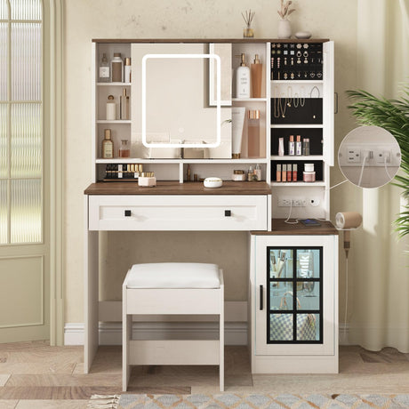 Vabches Makeup Vanity Desk with Sliding Mirror, 41.8'' White Farmhouse Vanity Table with Stool, Jewelry Cabinet & Charging Station, Large Drawer, Visual Cabinet, 3 Lighting Modes, Adjustable Shelves Vabches