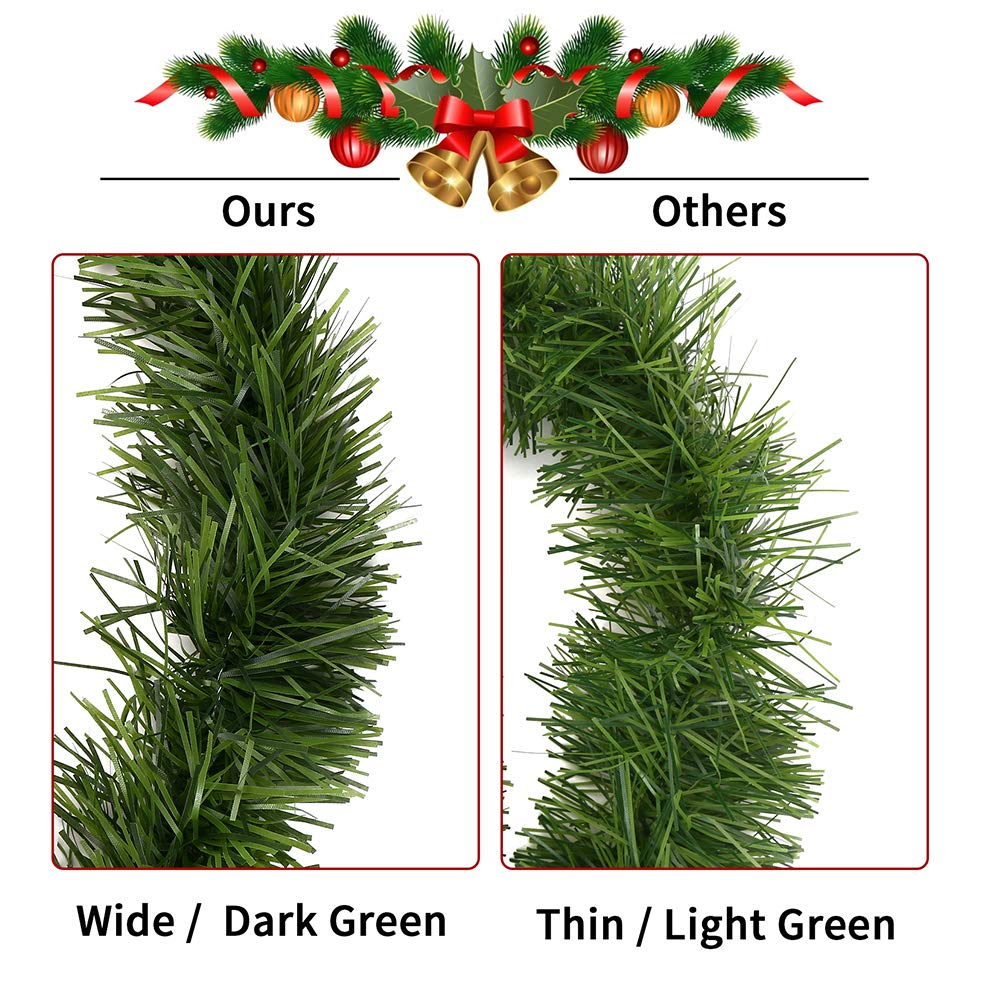 50 Feet Green Tinsel Garland Artificial Christmas Pine Decorative Garland Greenery Tinsel Stems Non-Lit Soft Twist Garland 12 Inch x 2Inch for Holiday Season Outdoor Indoor Party Decorations CCINEE