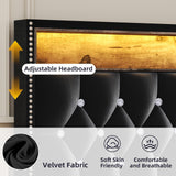 Queen Size Bed Frame with LED Lights and Headboard, Velvet Upholstered Bed Frames Queen with Charging Station and Storage, Modern Diamond and Rivet Design, No Box Spring Needed, Easy Assembly, Black HOMBCK