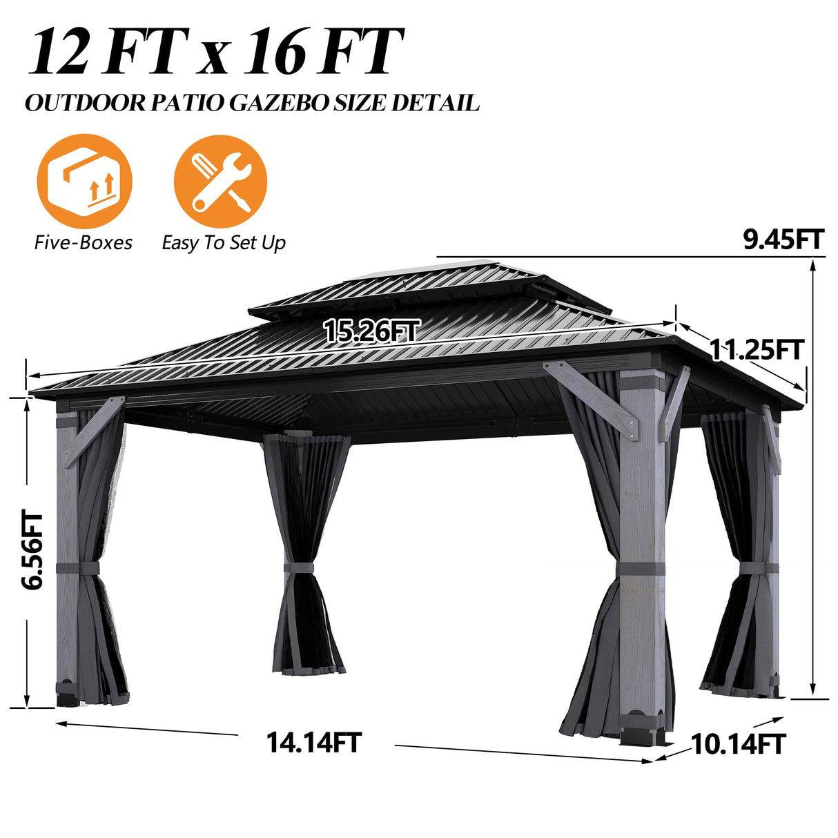 GARTOO 12' x 16' Outdoor Wood Gazebo - Permanent Wooden Hardtop Gazebo Pavilion with Double Curtains, Galvanized Steel Roof Cedar Wood Gazebos for Garden, Lawn, Poolside, Backyard Deck GARTOO