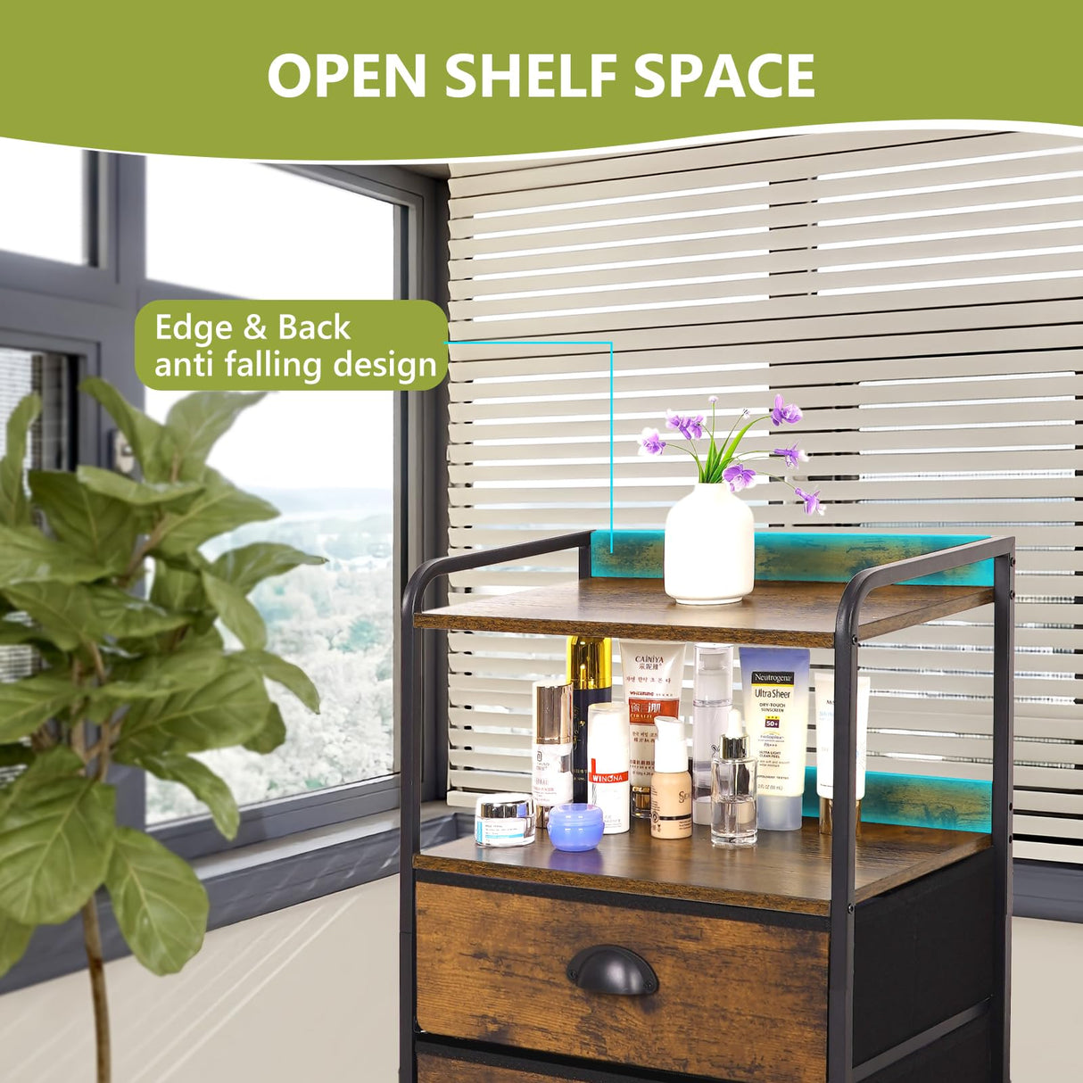 Jixlantuc Night Stand Bedside Table Bedroom Nightstand with Open Shelf Bed Side Table with Fabric Drawers End Table with 2 Drawer Storage Night Stands for Living Room Rustic Brown Black Jixlantuc