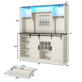 Farmhouse Coffee Bar Cabinet with LED Light, Charging Station & Sliding Barn Doors - 63"W x 71"H Large Wine Rack, Built-in Liquor Dispenser, Glass/Mug Holders for Kitchen, Living Room, Hallway chartustriable