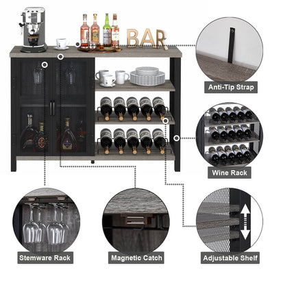 BON AUGURE Industrial Home Bar Cabinet with Wine Rack, Rustic Liquor Cabinet Bar for Home, Coffee Bar Cabinet with Storage (47 Inch, Grey Oak)