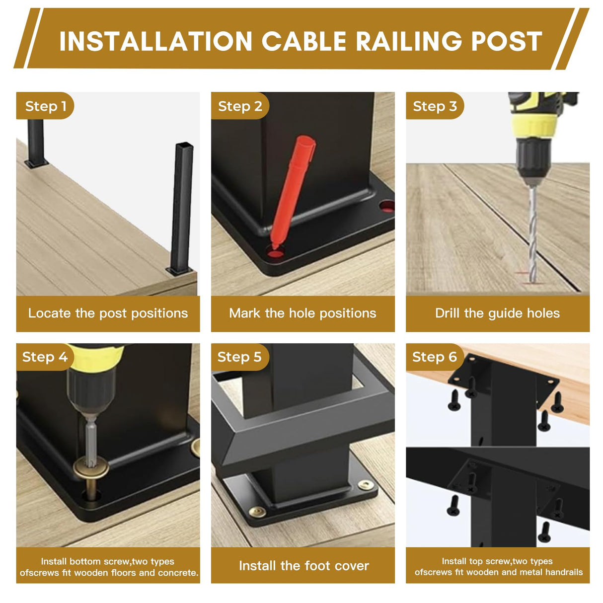 Rayzi 42" 2Pack Cable Railing Post, Stainless Steel Level Line Handrail Post with 100ft 1/8" Stainless Steel Cable and Wire Pliers DIY Kit (No Handrail), Black Rayzi