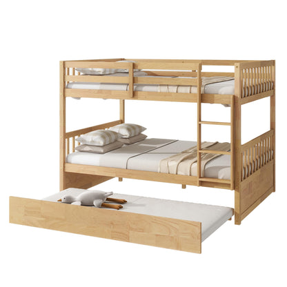 WIILAYOK Full Over Full Bunk Bed with Trundle, Convertible to 2 Platform Bed, Solid Wood Bunk Bed with Ladder and Safety Rails for Teens, Adults, Natural