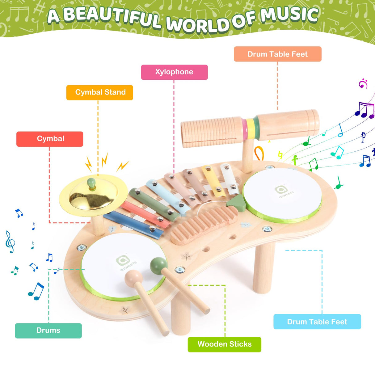 Asweets 7 in 1 Kids Drum Set for Toddlers Wooden Xylophone Musical Instruments Kit Play Set for Toddler Baby Drum Set Montessori Toys Sensory Toys Birthday Gifts for Girls Boys Asweets