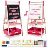 FUNLIO Kids Art Easel, 3 Height Adjustable for Kids Aged 2-8, Toddler Easel with Paper Roll, Anti-Warp & Magnetic Chalkboard/Whiteboard, All-in-One Standing Easel with Erasable Frame (Pink) FUNLIO