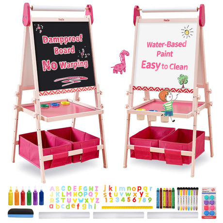 FUNLIO Kids Art Easel, 3 Height Adjustable for Kids Aged 2-8, Toddler Easel with Paper Roll, Anti-Warp & Magnetic Chalkboard/Whiteboard, All-in-One Standing Easel with Erasable Frame (Pink) FUNLIO