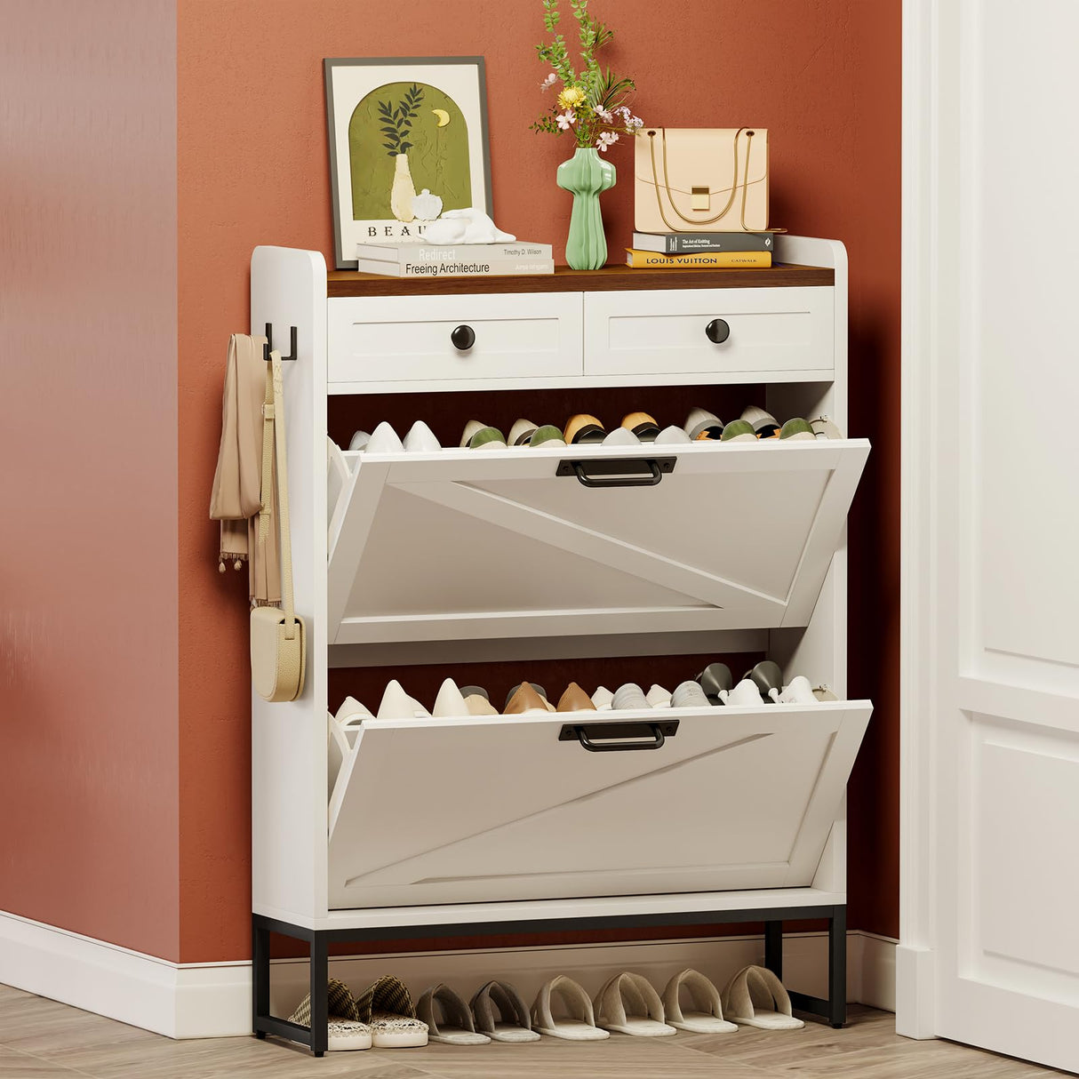 YGEOMER Shoe Cabinet Storage for Entryway, Farmhouse Shoes Organizer Rack with 2 Flip Drawers and 2 Fabric Drawers, Narrow Slim Shoe Cabinet for Door Entrance, White YGEOMER