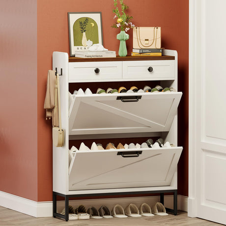 YGEOMER Shoe Cabinet Storage for Entryway, Farmhouse Shoes Organizer Rack with 2 Flip Drawers and 2 Fabric Drawers, Narrow Slim Shoe Cabinet for Door Entrance, White YGEOMER
