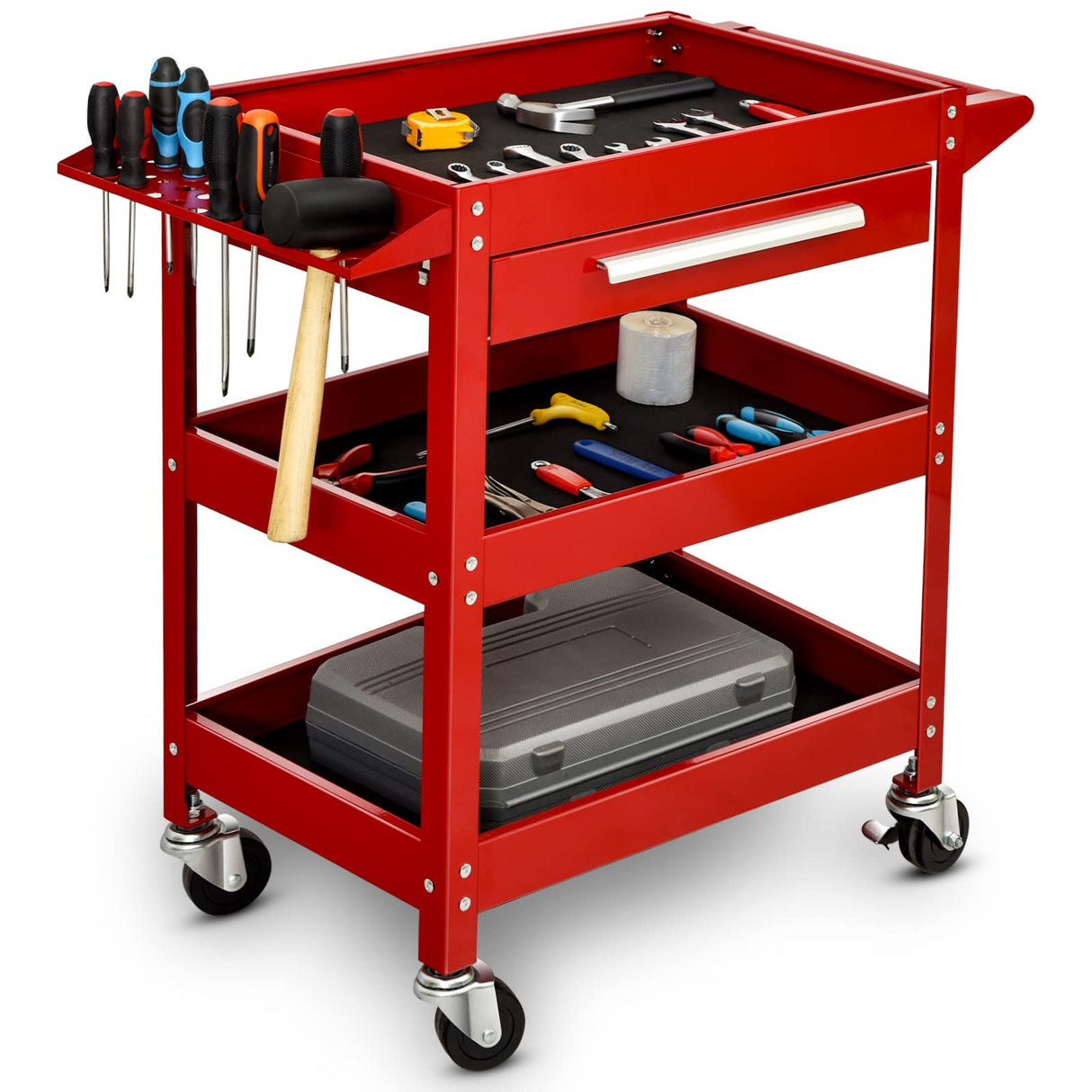 ERGOMASTER 3 Tier Rolling Tool Cart Heavy Duty Metal Frame for Garage Industrial Service Cart with Drawer & Organizer Shelf Tool Cabinet Chest ERGOMASTER
