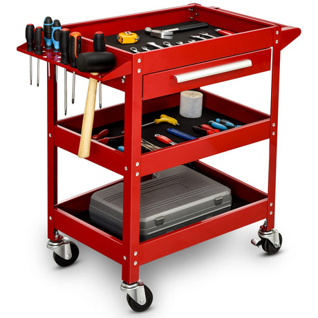ERGOMASTER 3 Tier Rolling Tool Cart Heavy Duty Metal Frame for Garage Industrial Service Cart with Drawer & Organizer Shelf Tool Cabinet Chest ERGOMASTER